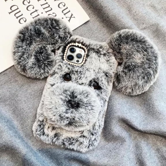 Compatible with iPhone 15 Pro Max Case Cute Cartoon Dog Plush Fluffy Case Girls 3D Kawaii Design Soft TPU Shockproof Cover Fuzzy Furry Winter Rabbit Hair Warm Case for Women Girls Girly Gray