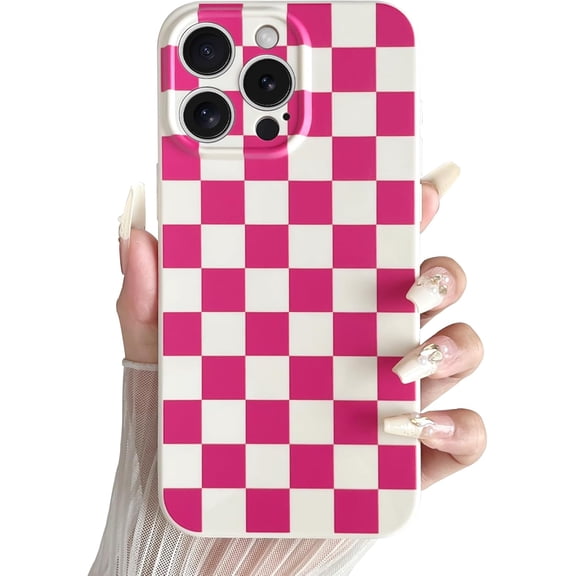 Compatible with iPhone 15 Pro Max Case Cute Checkerboard Checkered Pattern Design Soft Slim TPU Phone Case Shockproof Full Camera Protection for Women Girls - Hot Pink