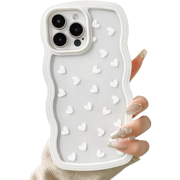 Compatible for iPhone 15 Pro Max Case Cute Clear Wavy Frame for Women Girl Love Heart Pattern Curly Shape Shockproof Soft TPU 2 in 1 Phone Cover - Love Heart
