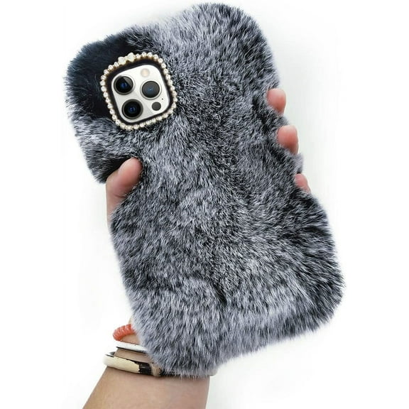 Compatible with iPhone 15 Pro Max Case Cute Plush Case with Glitter Lanyard Strap Bling Diamond Camera Lens Protector Soft Winter Warm Plush Fluffy Cover for Women and Girls, Dark Gray