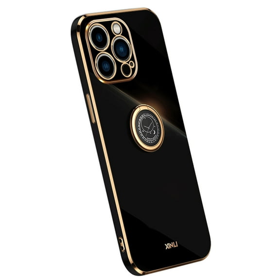 Compatible with iPhone 15 Pro Max Case Finger Ring Kickstand for Women Girls Rose Gold Edge Full Body Protection Plating Electroplate Case for iPhone 15 Pro Max, Black