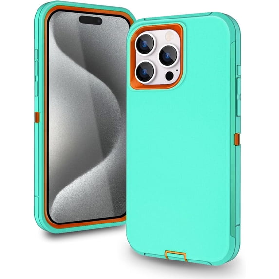 Compatible with iPhone 15 Pro Max Case, Heavy Duty Defender 3-Layer Rugged Shockproof Drop Protective Cover, Strong Durable Phone Cases for (Mint/Orange)