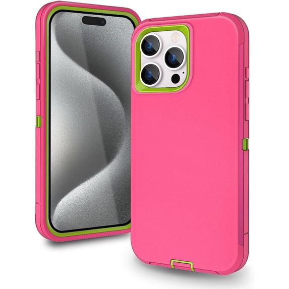Compatible with iPhone 15 Pro Max Case, Heavy Duty Defender 3-Layer Rugged Shockproof Drop Protective Cover, Strong Durable Phone Cases for iPhone 15 Pro Max 6.7 Inch Display (Rose/Lime)