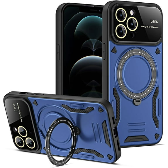 Compatible with iPhone 15 Pro Max Case with Invisible Ring Stand Full Camera Lens Protection Magnetic Ring Kickstand Heavy Duty Case Protective Shockproof Cover Blue