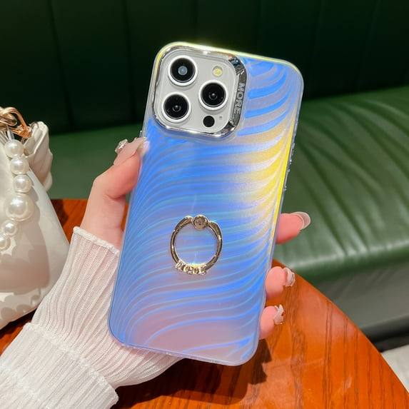 Compatible with iPhone 15 Pro Max Case, Laser Bling Glitter Iridescent Feather Wave TPU Frosted Plating Ring Kickstand Anti-scratch Phone Case for Girls Women for iPhone 15 Pro Max - F