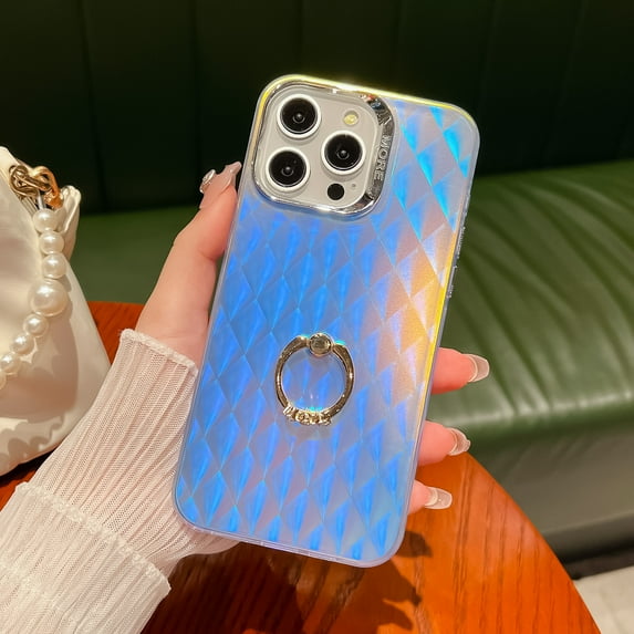 Compatible with iPhone 15 Pro Max Case, Laser Bling Glitter Iridescent Feather Wave TPU Frosted Plating Ring Kickstand Anti-scratch Phone Case for Girls Women for iPhone 15 Pro Max - E