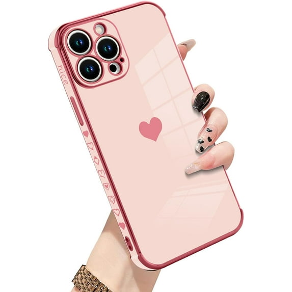 Compatible with iPhone 15 Pro Max Case Love Heart Plating Electroplate Luxury Elegant Case Camera Protector Soft TPU Screen Protector Shockproof Corner Back Cover -Pink