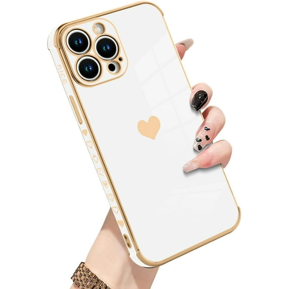 Compatible with iPhone 15 Pro Max Case Love Heart Plating Electroplate Luxury Elegant Case Camera Protector Soft TPU Screen Protector Shockproof Corner Back Cover -White