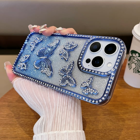 Compatible for iPhone 15 Pro Max Case, with Luxury Glitter Plating Cute Butterfly Rhinestone Sparkly Design Aesthetic Women Girls Shiny Bling Camera Protective Cover for iPhone 15 Pro Max - Blue