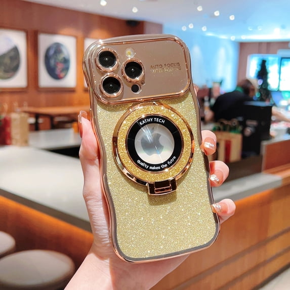 Compatible with iPhone 15 Pro Max Case, Luxury Glitter Plating Magsafe Ring Kickstand Case Compatible with MagSafe for Women Girls Shockproof Protective Back Cover with Lens Protector - Gold