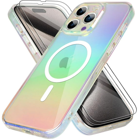 Compatible with iPhone 15 Pro Max Case Magnetic 【Support for MagSafe】 Bling Laser Iridescent Florescent Crystal Luxury Case Camera Protector + 2* Screen Protector Shockproof Case -Clear