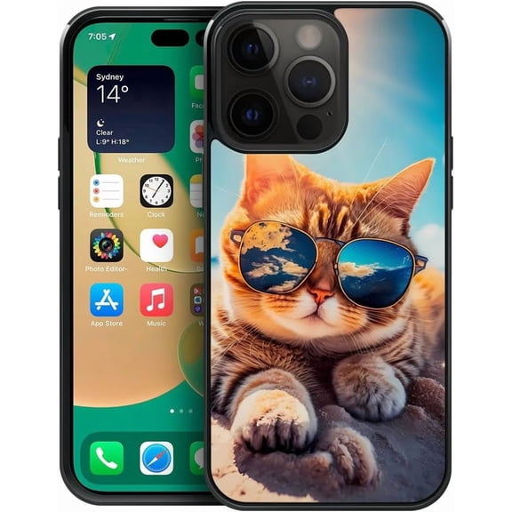 Compatible with iPhone 15 Pro Max Case,Pattern Design Hard PC Back Cover Non-Slip Soft TPU Protective Case for iPhone 15 Pro Max for Women 6.7inch-Sunshine Beach Cat