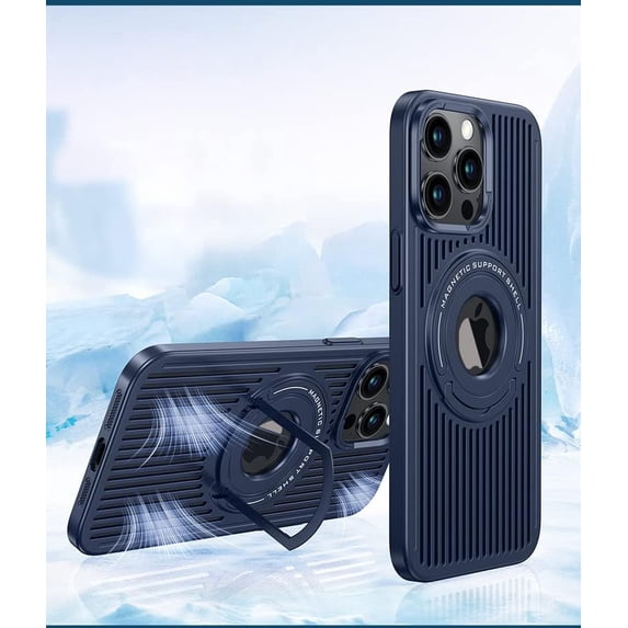 Compatible with iPhone 15 Pro Max Case with Ring Holder Kickstand, Heat Dissipation Breathable Cooling Case Military Grade Magnetic Case Shockproof Protective Case Cover for Women Men Blue