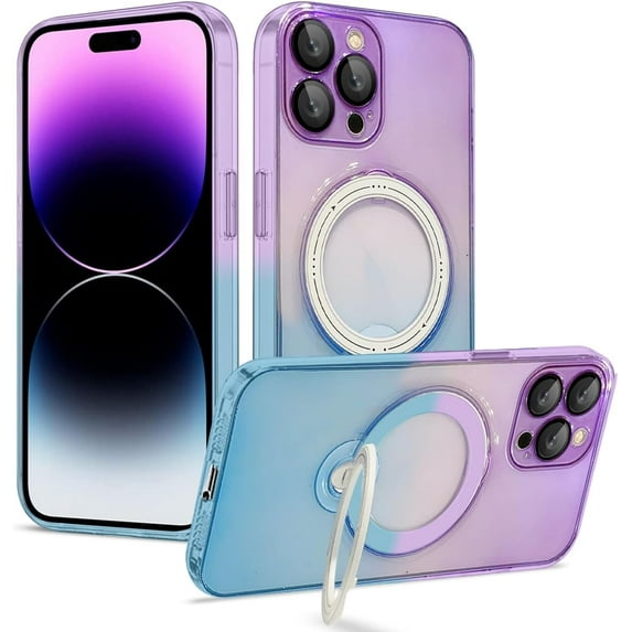 Compatible with iPhone 15 Pro Max Case with Ring Stand, Compatible with MagSafe, Luxury Clear Bumper Gradient Cover Built-in Invisible Stand Military Grade Shockproof Phone Cover Case