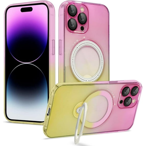 Compatible with iPhone 15 Pro Max Case with Ring Stand, Compatible with MagSafe, Luxury Clear Bumper Gradient Cover Built-in Invisible Stand Military Grade Shockproof Phone Cover Case