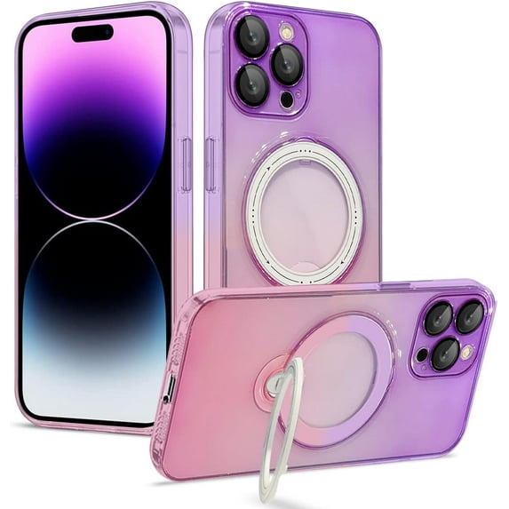 Compatible with iPhone 15 Pro Max Case with Ring Stand, Compatible with MagSafe, Luxury Clear Bumper Gradient Cover Built-in Invisible Stand Military Grade Shockproof Phone Cover Case