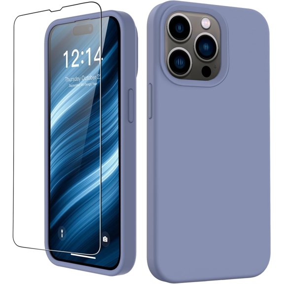 Compatible with iPhone 15 Pro Max Case with Screen Protector,Upgraded Liquid Silky Soft Silicone Cover,Fashionably Designed for Men Women Girls,Protective Phone Case 6.7",Ash Grey