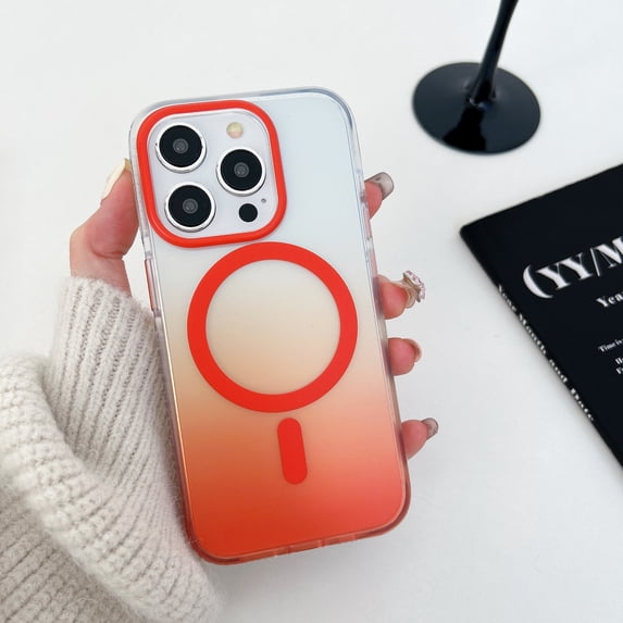 Compatible for iPhone 15 Pro Max Case Support for Magsafe, Magnetic Gradient Case with Wireless Charger, Gradient Clear Back Shockproof Protection Phone Cover for Girls Women, Orange