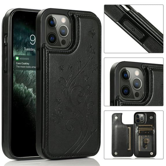 Compatible with iPhone 15 Pro Max Case Wallet with Card Holder,Embossed Butterfly Pattern PU Leather Double Magnetic Buttons Flip Shockproof Protective Cover for iPhone 15 Pro Max 6.7 Inch, Black