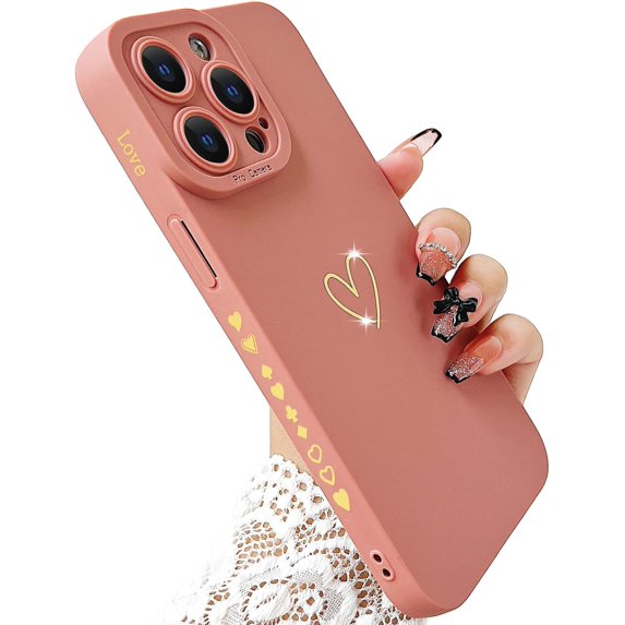 Compatible with iPhone 15 Pro Max Case for Women, Bronzing Luxury Heart Phone Case Soft TPU Shockproof Full Camera Lens Protective iPhone 15 Pro Max Phone Case 6.7" - Pink