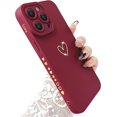 thumbnail image 1 of Compatible with iPhone 15 Pro Max Case for Women, Bronzing Luxury Heart Phone Case Soft TPU Shockproof Full Camera Lens Protective iPhone 15 Pro Max Phone Case 6.7" - Burgundy, 1 of 11