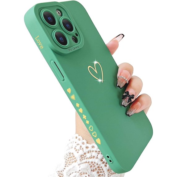 Compatible with iPhone 15 Pro Max Case for Women, Bronzing Luxury Heart Phone Case Soft TPU Shockproof Full Camera Lens Protective iPhone 15 Pro Max Phone Case 6.7" - Green