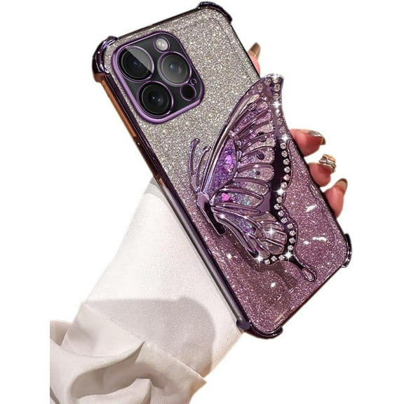 Compatible with iPhone 15 Pro Max Case for Women Girl,Cute 3D Butterfly Kickstand Luxury Glitter Bling Gradient for Women 6D Electroplated Clear Soft TPU Protector Shockproof Cover