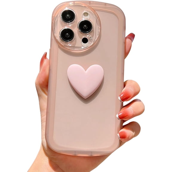 Compatible with iPhone 15 Pro Max Case for Women Girls Cute 3D Heart Clear Phone Case Full Camera Lens Protection Shockproof Frosted Edge Soft Silicone Cover Funda 6.7 Inch (Pink)