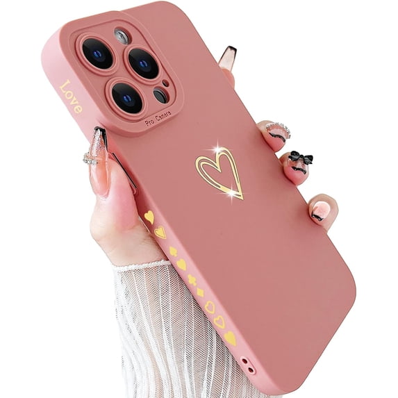 Compatible with iPhone 15 Pro Max Case for Women, Luxury Heart Phone Case Soft TPU Shockproof Full Camera Lens Protective iPhone 15 Pro Max Phone Case 6.7" - Pink