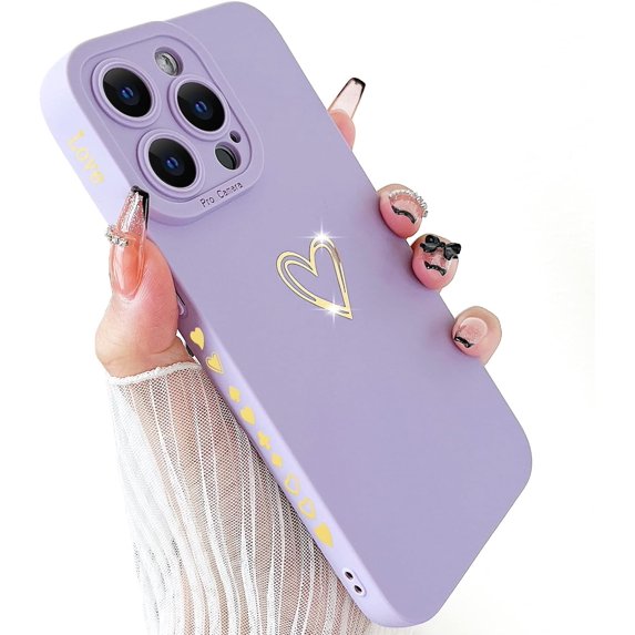 Compatible with iPhone 15 Pro Max Case for Women, Luxury Heart Phone Case Soft TPU Shockproof Full Camera Lens Protective iPhone 15 Pro Max Phone Case 6.7" - Purple