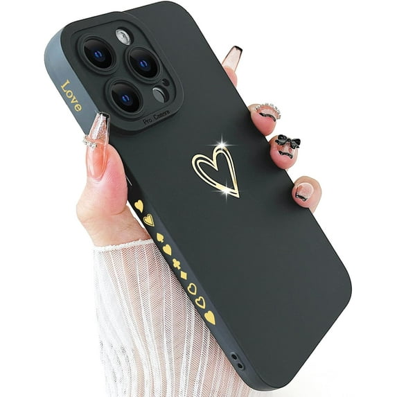 Compatible with iPhone 15 Pro Max Case for Women, Luxury Heart Phone Case Soft TPU Shockproof Full Camera Lens Protective iPhone 15 Pro Max Phone Case 6.7" - Black