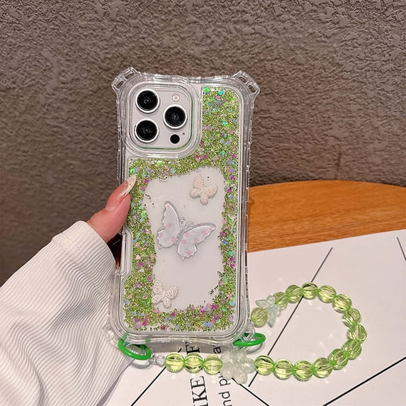 Compatible with iPhone 15 Pro Max Clear Phone Case,Back 3D Butterfly,With Beading Wrist Strap,3-in-1 Heavy Duty Shockproof Anti-Drop Bling Sparkle Colorful Glitter Transparent Phone Case,Green