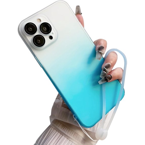 Compatible with iPhone 15 Pro Max Cute Case Gradient Frosted Wrist Strap Chain Transparent Lens Protection Clear Fashion Protection Shockproof Cover for Women Girls