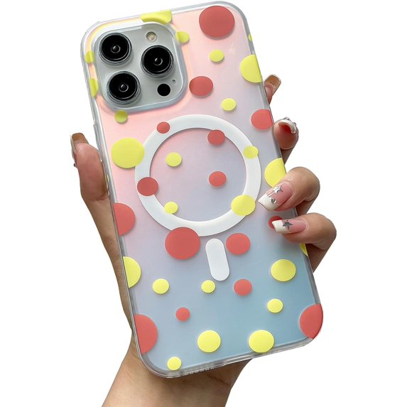 Compatible with iPhone 15 Pro Max Cute Case Wave Dot Pattern Magnetic Laser Holography Bling Frosting Funny Fashion Protection Shockproof Cover for Women Girls Yellow