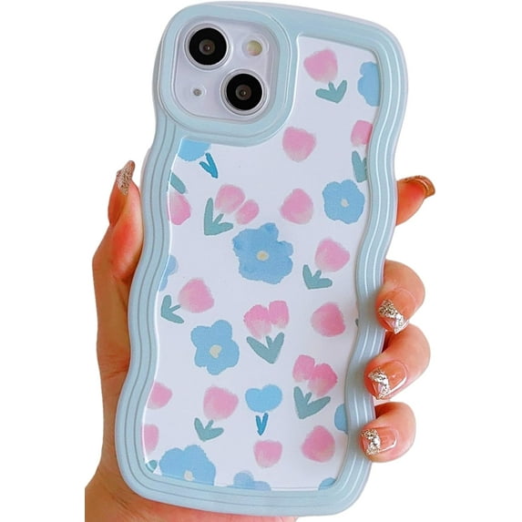 Compatible with iPhone 15 Pro Max Floral Case for Women Girls,Aesthetic Cute Wavy Flowers Design Soft Shockproof Cell Phone Cover for iPhone 15 Pro Max 6.7 Inch (Tulip/Mint Green)