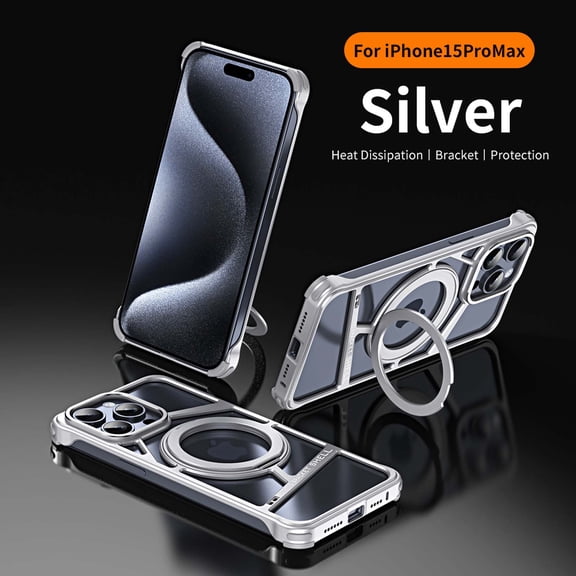 Compatible With iPhone 15 Pro Max Frameless Phone Case,With Magnetic 360°Rotatable Ring Kickstand,Shockproof Anti-fall Metal Frameless Heat Dissipation Ultra Slim Rugged Phone Case,Silver