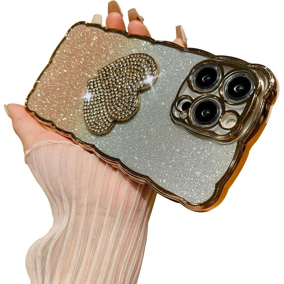 Compatible with iPhone 15 Pro Max Glitter Bling Case Diamond 3D Love Heart Gradient Shiny Rhinestone Wave Bumper Electroplate Cute Fashion Protection Shockproof Cover for Women Girls