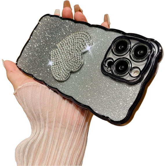 Compatible with iPhone 15 Pro Max Glitter Bling Case Diamond 3D Love Heart Gradient Shiny Rhinestone Wave Bumper Electroplate Cute Fashion Protection Shockproof Cover for Women Girls