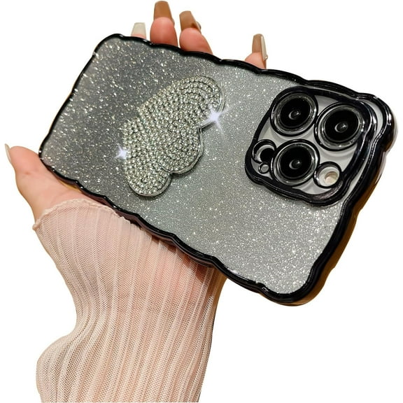Compatible with iPhone 15 Pro Max Glitter Bling Case Diamond 3D Love Heart Gradient Shiny Rhinestone Wave Bumper Electroplate Cute Fashion Protection Shockproof Cover for Women Girls