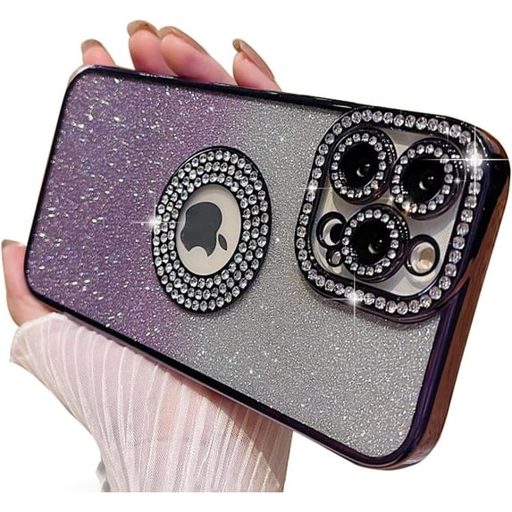 Compatible with iPhone 15 Pro Max Glitter Case,Luxury Cute Sparkle Diamond Design with Bling Camera Protection Plating Logo View,Aesthetic Shockproof Bumper for Women Girls Phone Cover-Purple