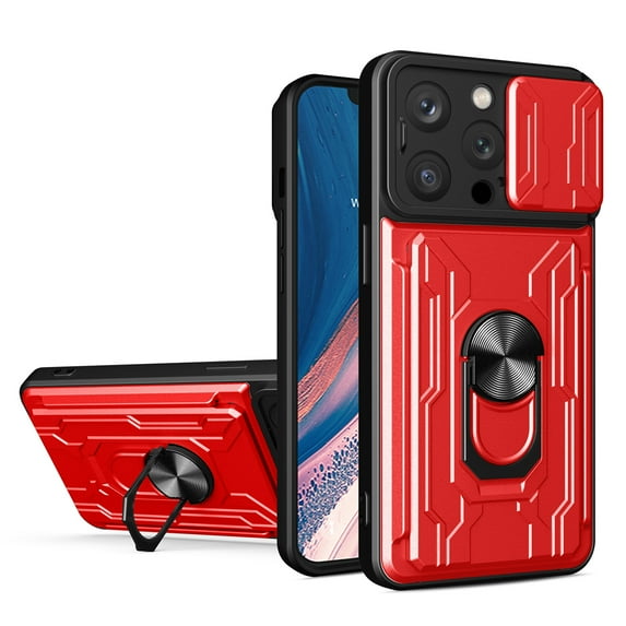 Compatible for iPhone 15 Pro Max Hybrid Case with Camera Lens Slide Cover | Rotatable Ring Holder Kickstand | Impact-Resistant Car Mount Magnetic | Detachable Card Slot Protective Shell, Red