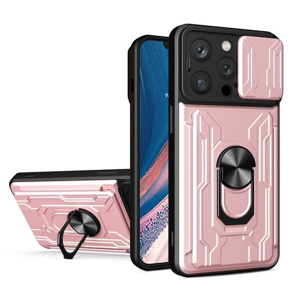 Compatible for iPhone 15 Pro Max Hybrid Case with Camera Lens Slide Cover | Rotatable Ring Holder Kickstand | Impact-Resistant Car Mount Magnetic | Detachable Card Slot Protective Shell, Rosegold