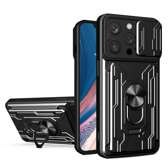 Compatible for iPhone 15 Pro Max Hybrid Case with Camera Lens Slide Cover | Rotatable Ring Holder Kickstand | Impact-Resistant Car Mount Magnetic | Detachable Card Slot Protective Shell, Black