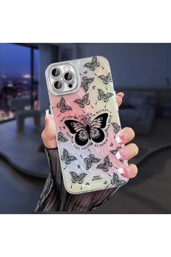 Compatible with iPhone 15 Pro Max Laser Case Cute Butterfly Seashell Glitter Bling Case with Camera Lens Protection Scratch-Resistant Cover Girly Women Soft TPU Shockproof Phone Cover,Colorful