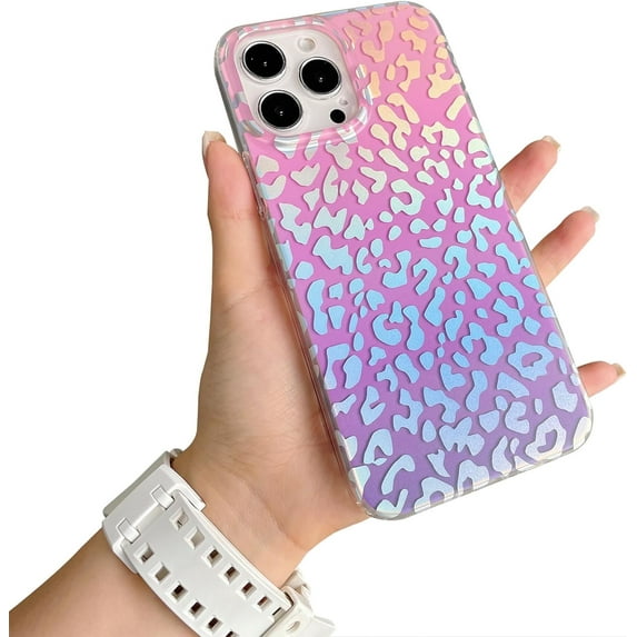 Compatible with iPhone 15 Pro Max Leopard Case for Women, Luxury Glitter Leopard Cheetah Print Designed Colorful Laser Iridescent Case Hard PC Bumper Slim Protective Bling Girly Case Cute