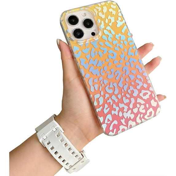 Compatible with iPhone 15 Pro Max Leopard Case for Women, Luxury Glitter Leopard Cheetah Print Designed Colorful Laser Iridescent Case Hard PC Bumper Slim Protective Bling Girly Case Cute