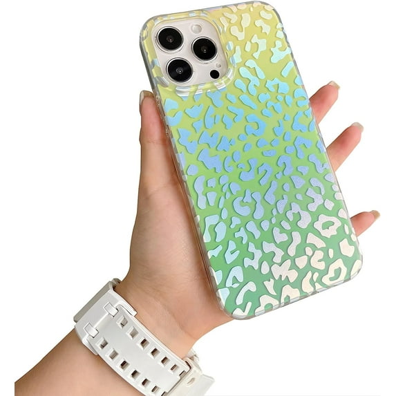 Compatible with iPhone 15 Pro Max Leopard Case for Women, Luxury Glitter Leopard Cheetah Print Designed Colorful Laser Iridescent Case Hard PC Bumper Slim Protective Bling Girly Case Cute