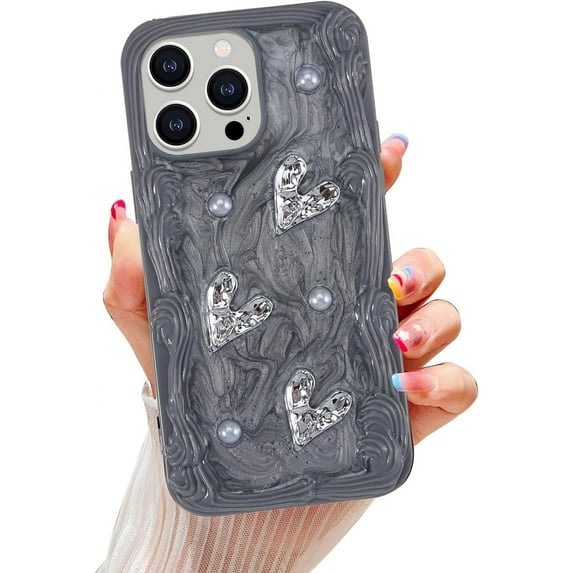 Compatible with iPhone 15 Pro Max Love case, Silver 3D Love Heart, Sparkling Pearls, Unique Wavy Frame, Shockproof Protective Phone case for Women and Girls (Grey)