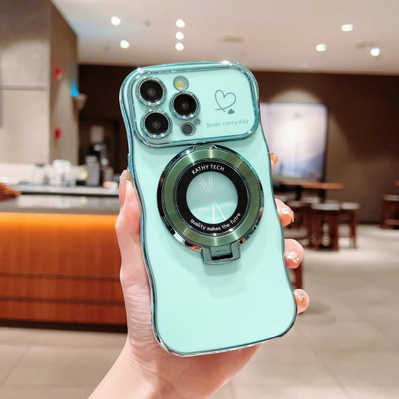 Compatible with iPhone 15 Pro Max Magnetic Case, Luxury Love Heart Pattern Plating Magsafe Ring Kickstand Case Compatible with MagSafe for Women Girls Shockproof Protective Back Cover - Green