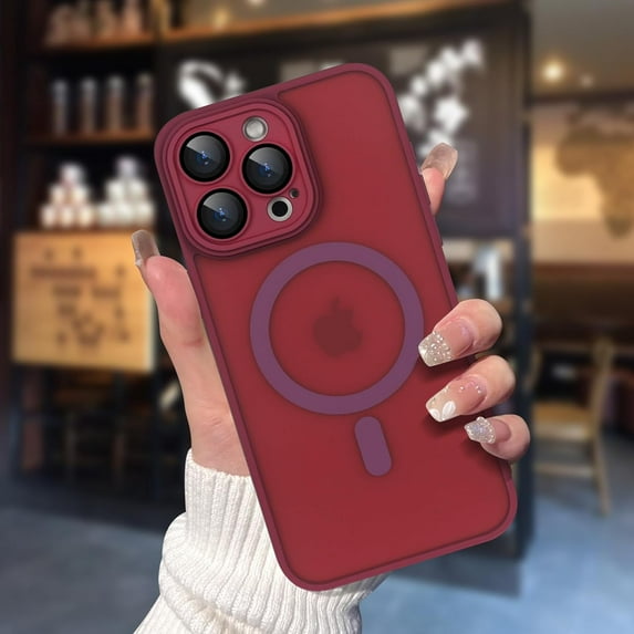 Compatible with iPhone 15 Pro Max Magnetic Frosted Case with Camera Lens Film Compatible with MagSafe Wireless Charging Case Men Women Translucent Matte Shockproof Phone Cover, Wine Red